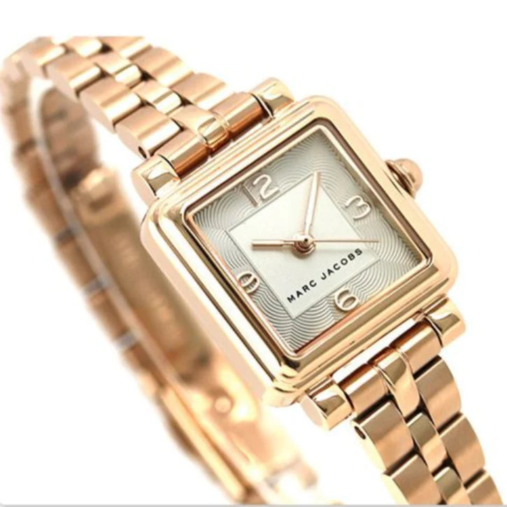 Marc Jacobs Vic MJ3530 angled view showing rose gold case and silver dial