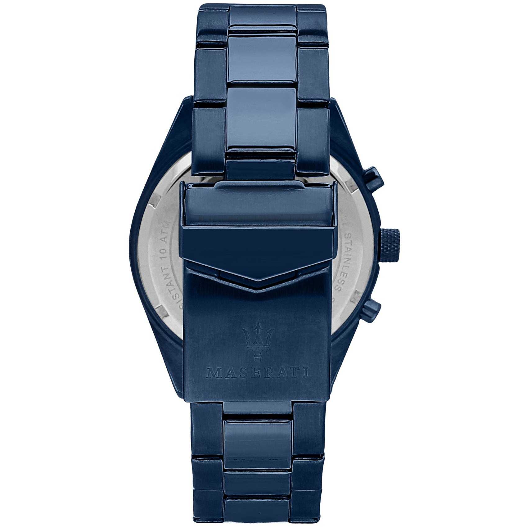 Caseback view of Maserati Blue Edition watch showing stainless steel case