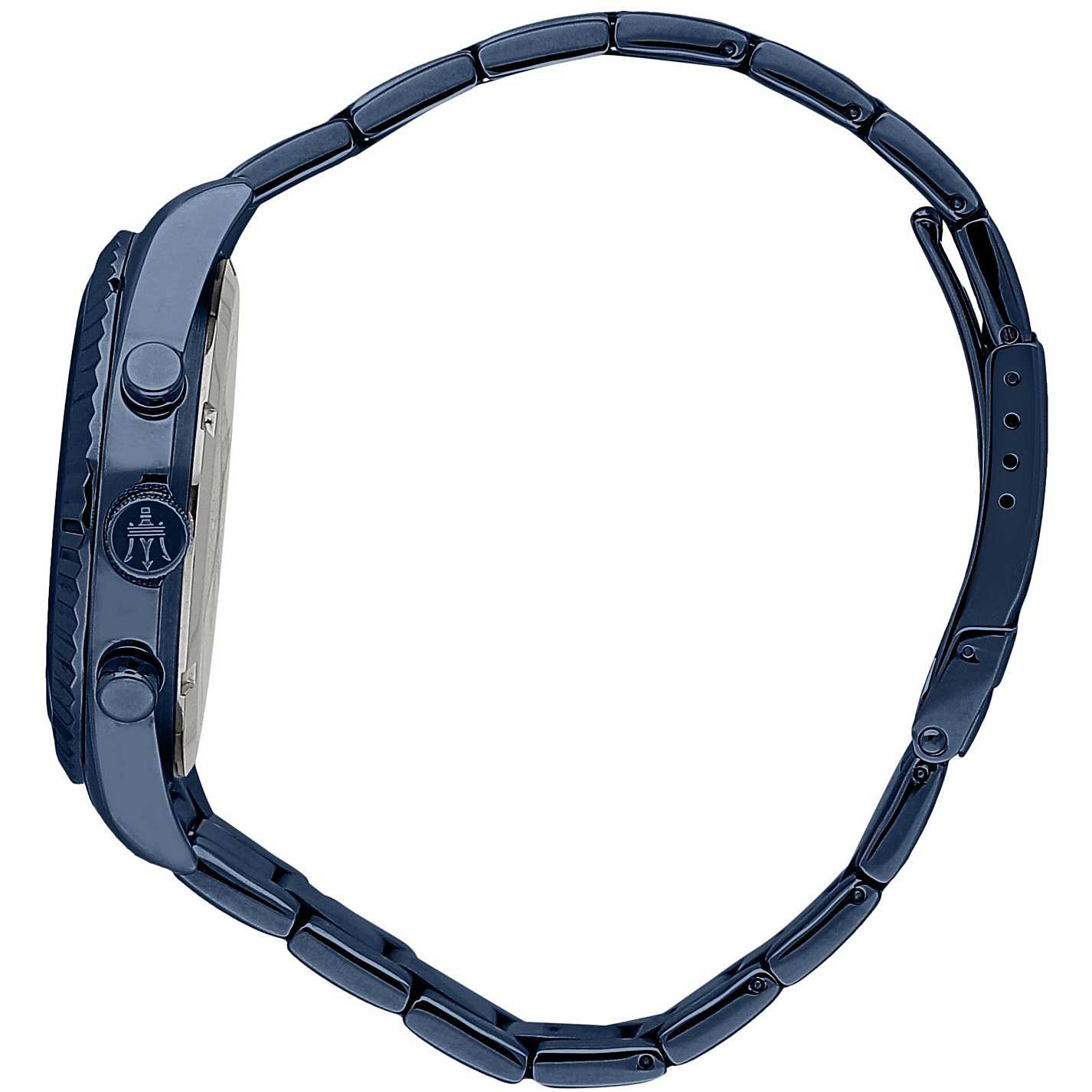 Side view of Maserati Blue Edition watch showing blue stainless steel bracelet