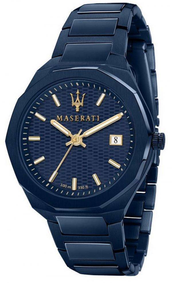 Maserati Blue Edition men's watch with navy blue dial, gold accents, and blue steel bracelet