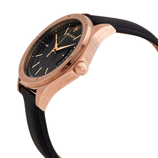 Side view of Maserati Circuito watch showing rose gold case and black leather strap