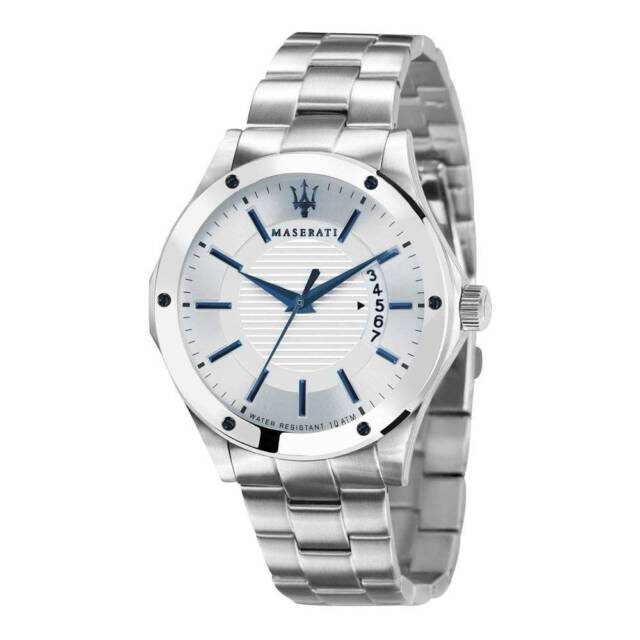 Maserati Circuito men's watch with silver dial, blue hands, and stainless steel bracelet