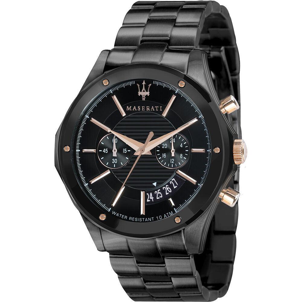 Maserati Circuito black dial chronograph watch with rose gold accents and stainless steel bracelet