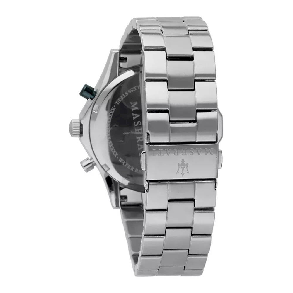 Maserati Circuito watch side profile showing stainless steel three-link bracelet and case