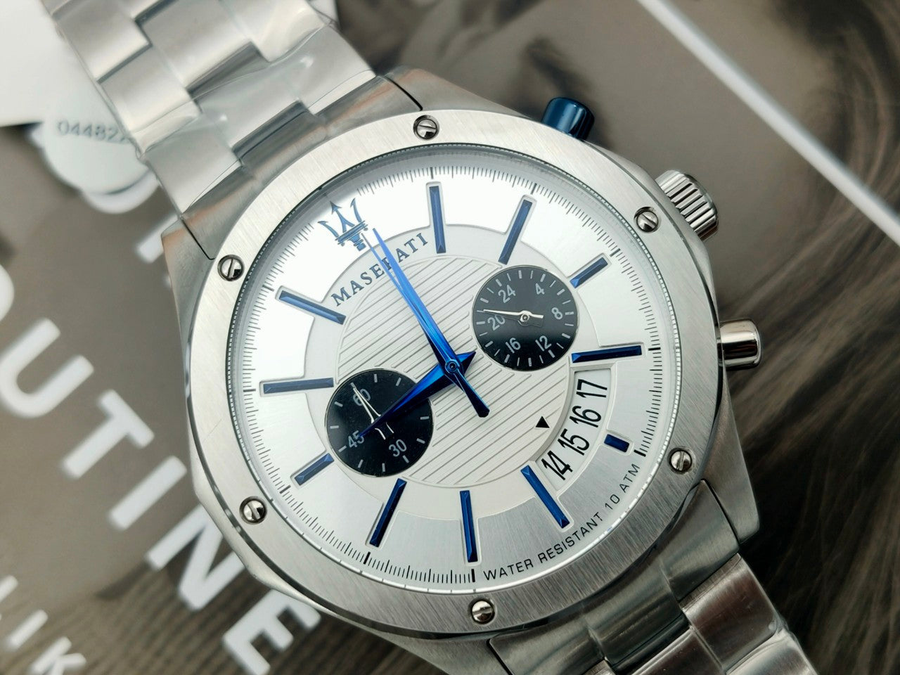 Close-up of Maserati Circuito dial with chronograph subdials and water resistance marking