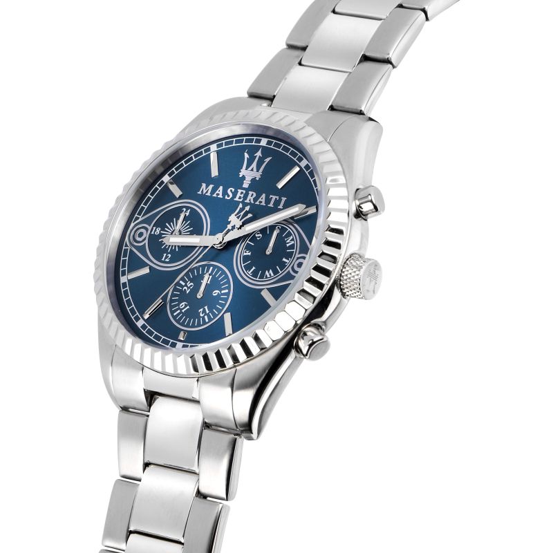 Side angle view of Maserati Competizione chronograph watch showing dial and bracelet