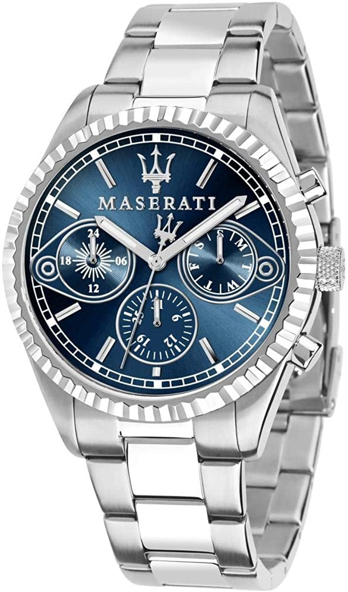 Maserati Competizione blue dial chronograph men's watch with silver case and bracelet