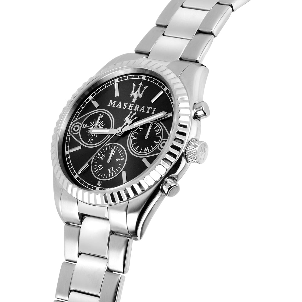 Maserati Competizione watch at angle showing black dial with triple subdials and steel case