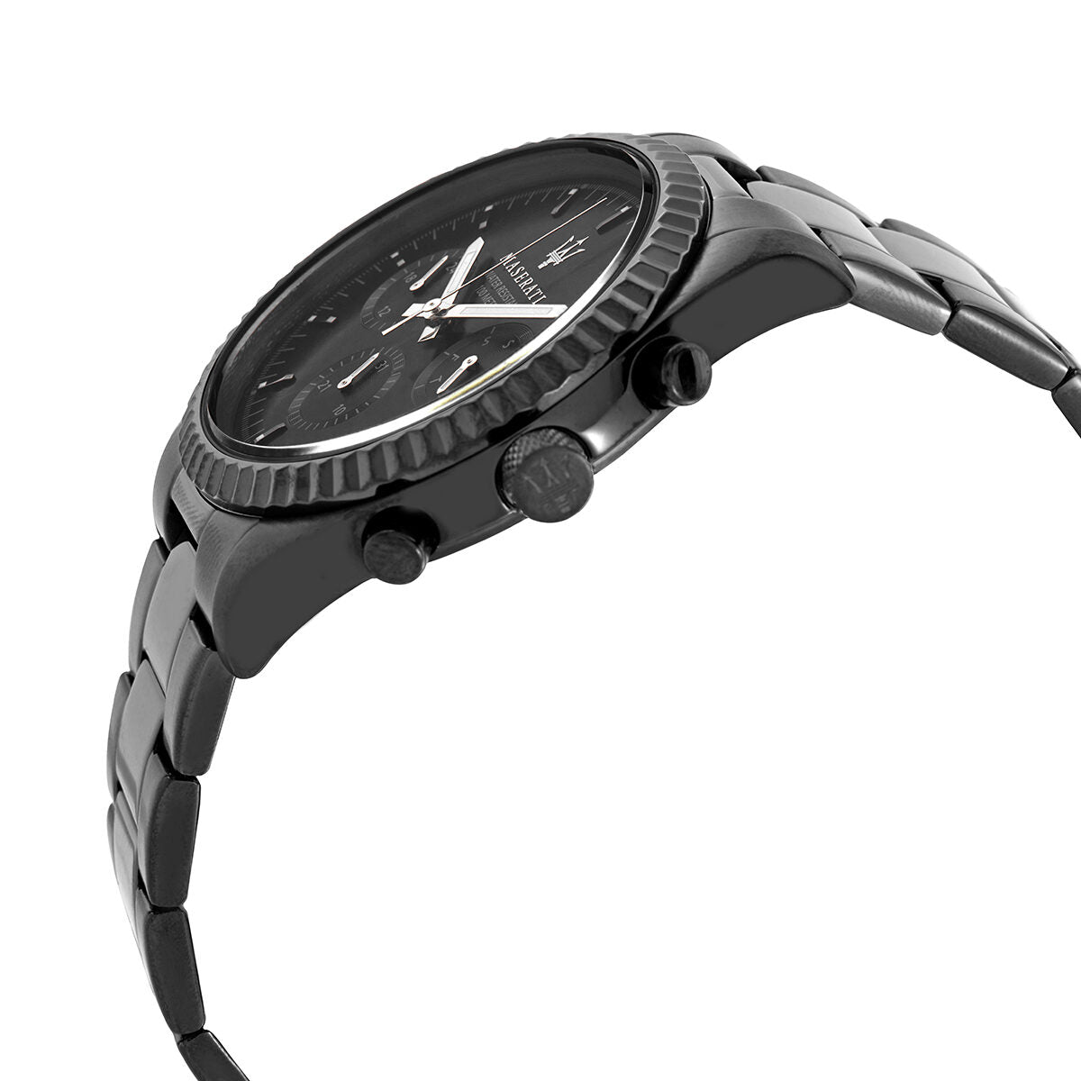 Side angle view of black stainless steel Maserati Competizione watch on wrist