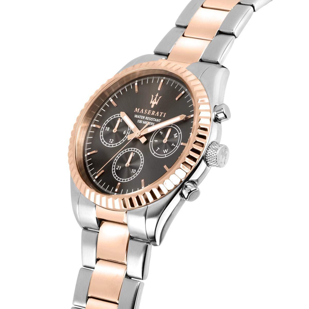 Side angle view of Maserati Competizione chronograph with two-tone bracelet and textured bezel