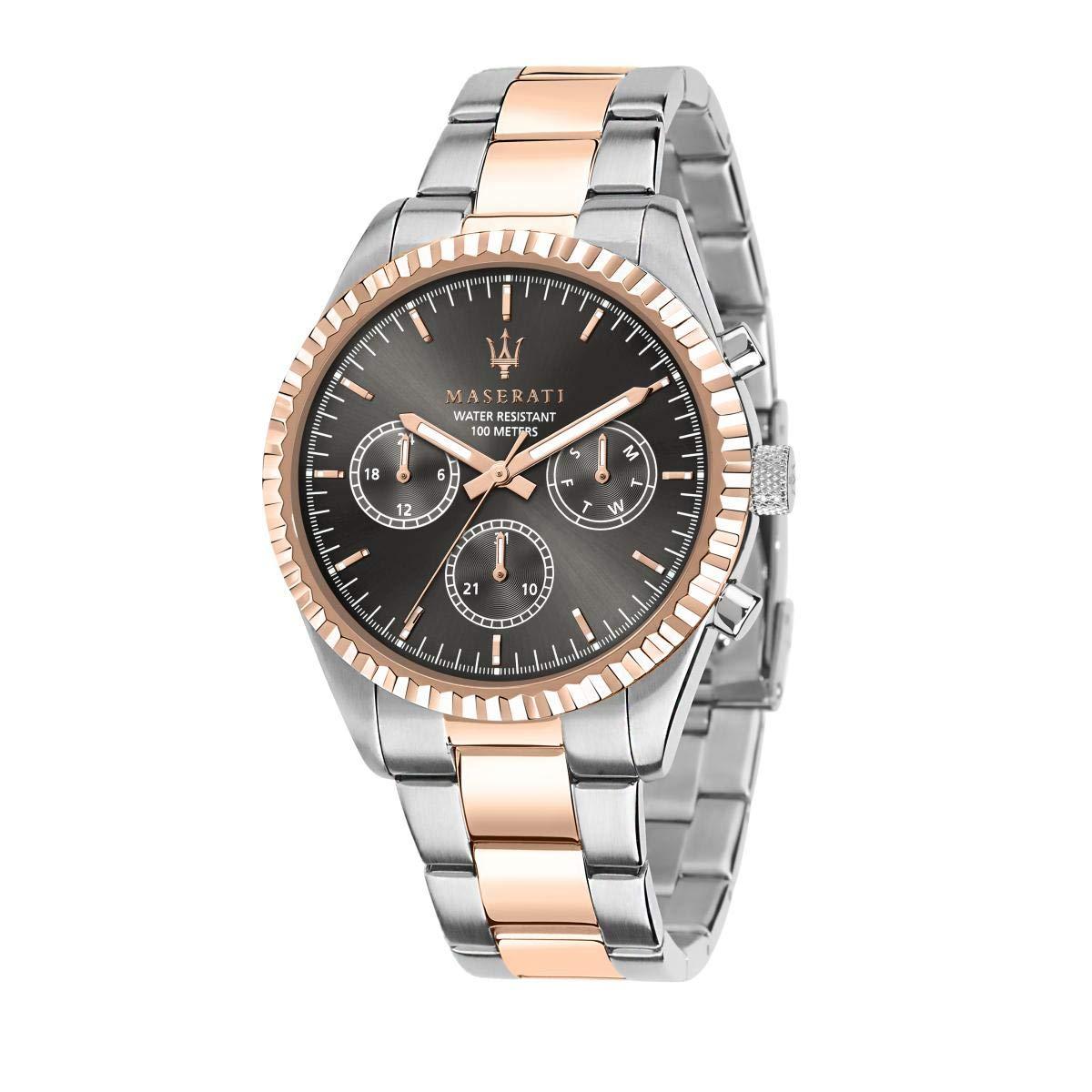 Front view of Maserati Competizione chronograph with black dial and two-tone bracelet