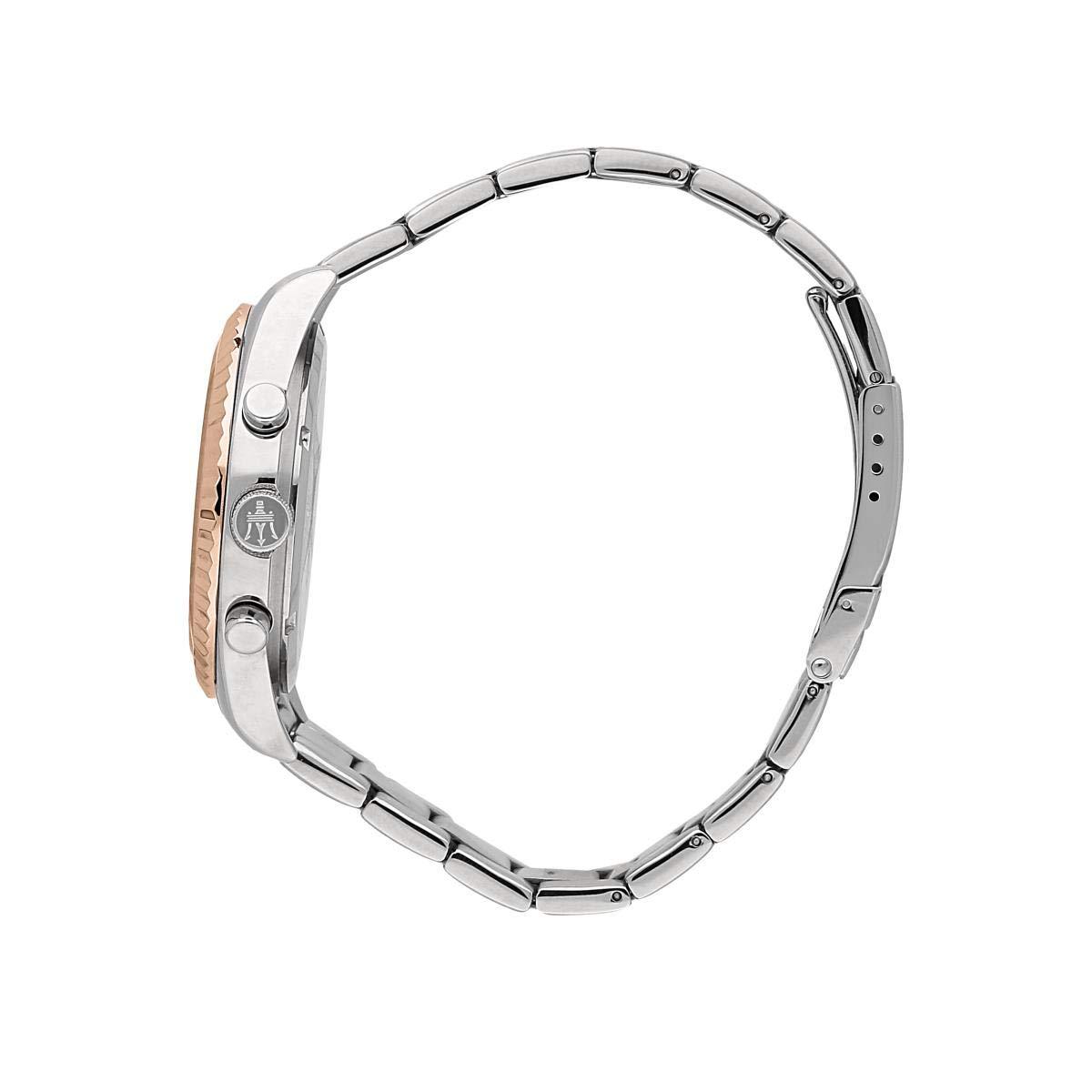 Side profile of two-tone stainless steel bracelet with rose gold and silver links