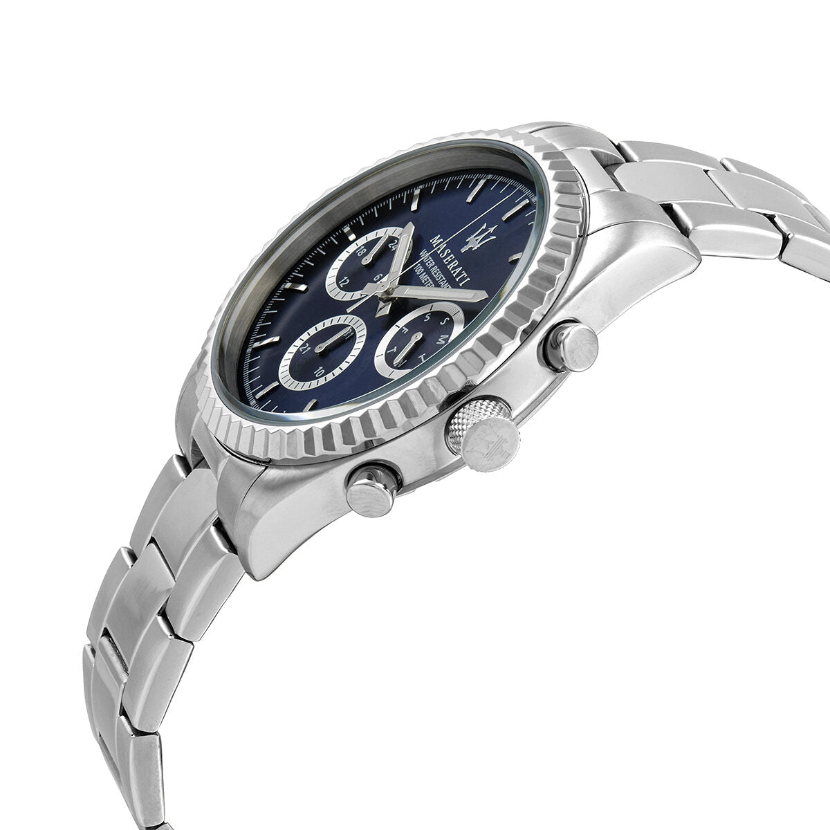 Maserati Competizione chronograph watch shown at angle with steel bracelet and chronograph pushers visible