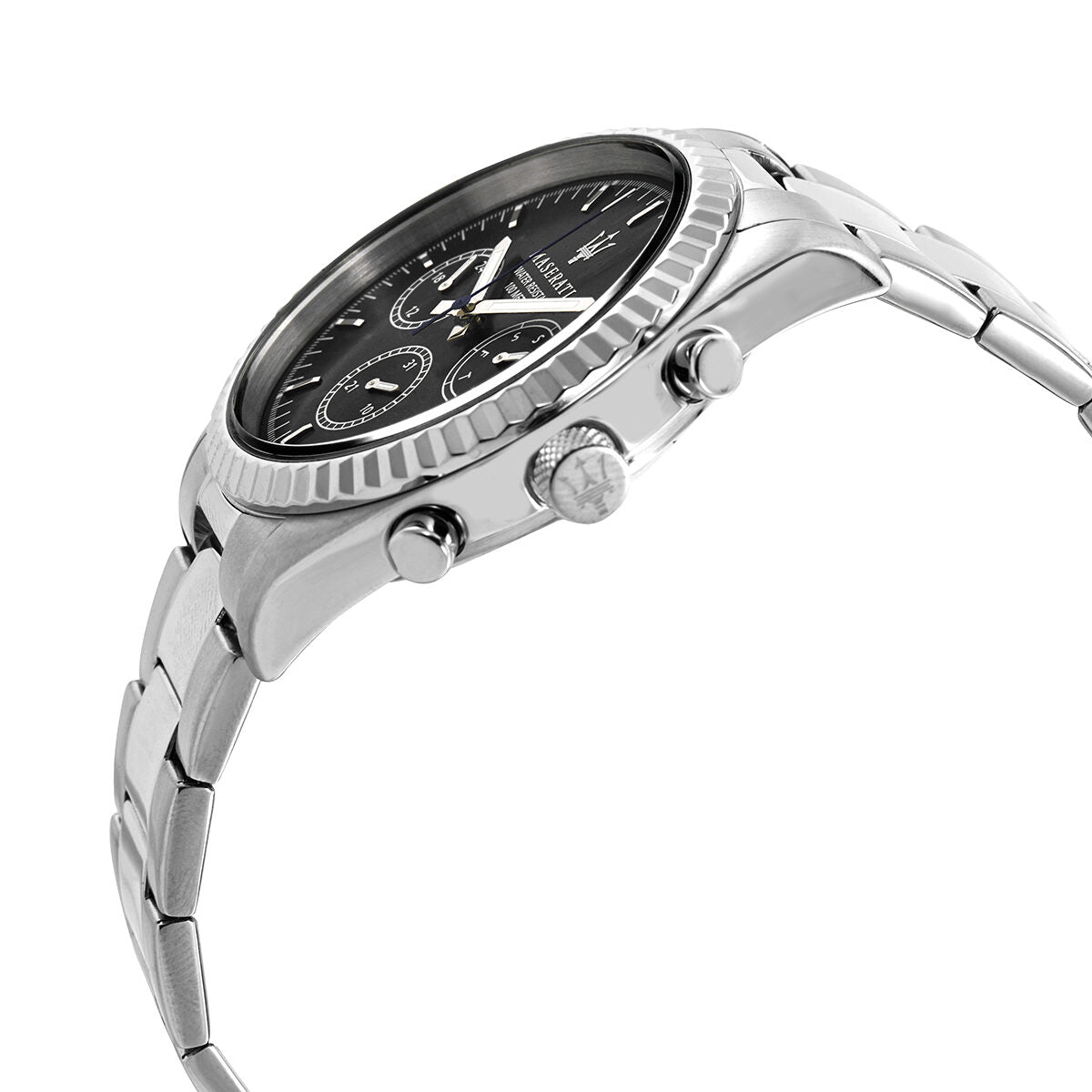Maserati Competizione watch side view showing stainless steel case, bezel, crown and chronograph pushers
