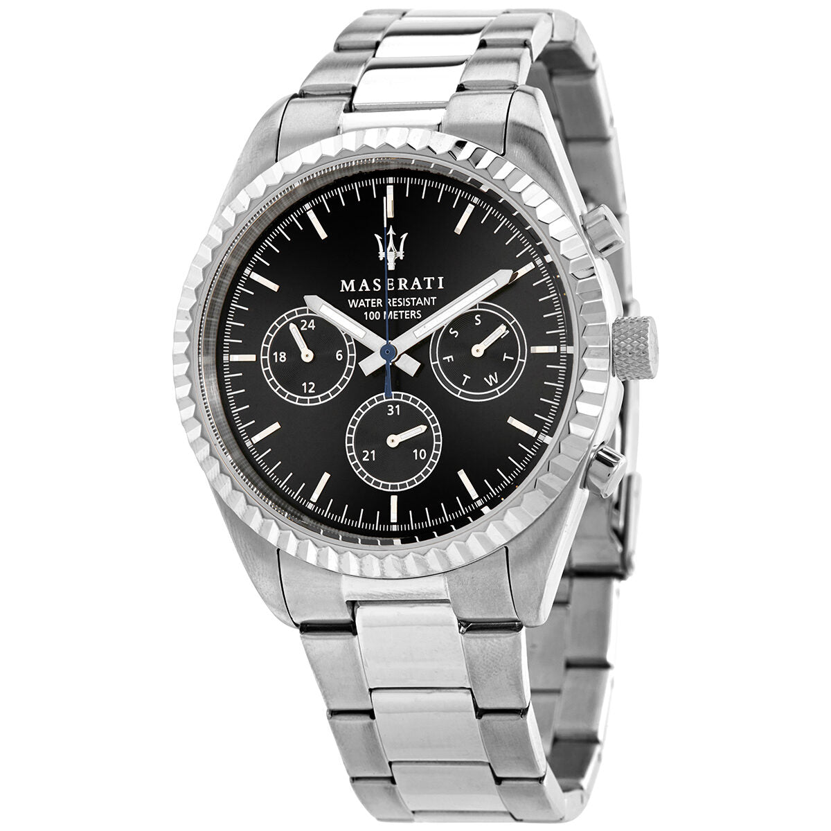 Maserati Competizione chronograph watch with black dial, three chronograph subdials, and stainless steel bracelet