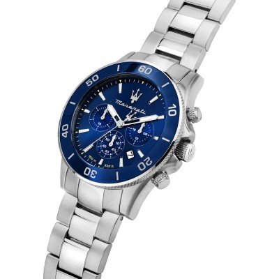 Maserati Competizione chronograph at angle showing stainless steel bracelet and blue bezel