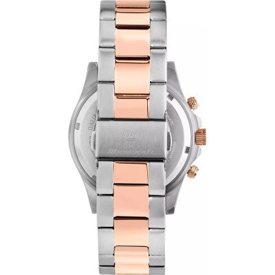 Caseback view of Maserati Competizione chronograph with two-tone bracelet