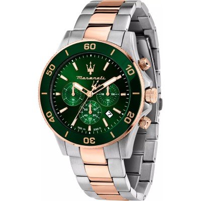 Maserati Competizione chronograph watch with black dial, green bezel, and two-tone stainless steel bracelet