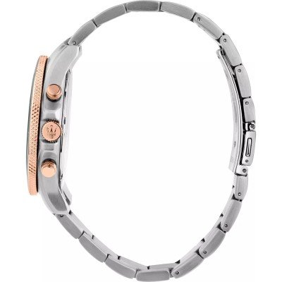 Side view of Maserati Competizione showing two-tone stainless steel and rose gold bracelet