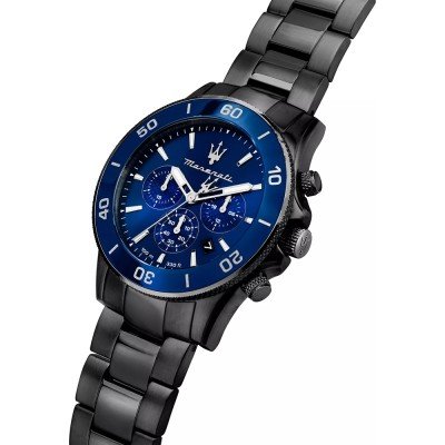 Maserati Competizione chronograph watch at angle showing blue dial and steel bracelet