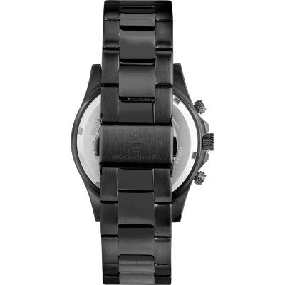 Maserati Competizione watch caseback showing transparent display with steel bracelet