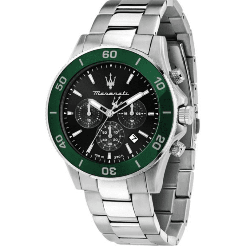 Maserati Competizione 43mm chronograph watch with black dial and green bezel on stainless steel bracelet