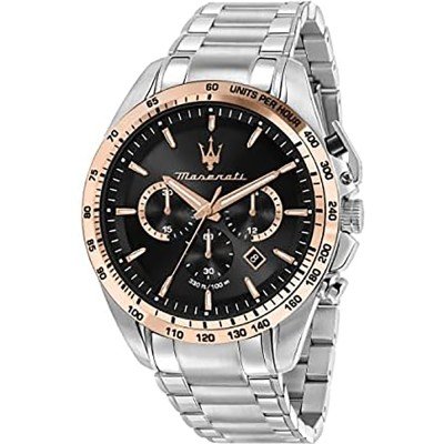 Maserati Competizione automatic watch with black dial, rose gold bezel, and two-tone silver and rose gold bracelet