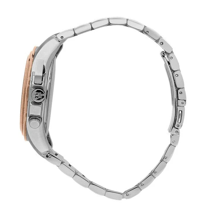 Side profile of Maserati Competizione watch displaying rose gold bezel and bracelet detail