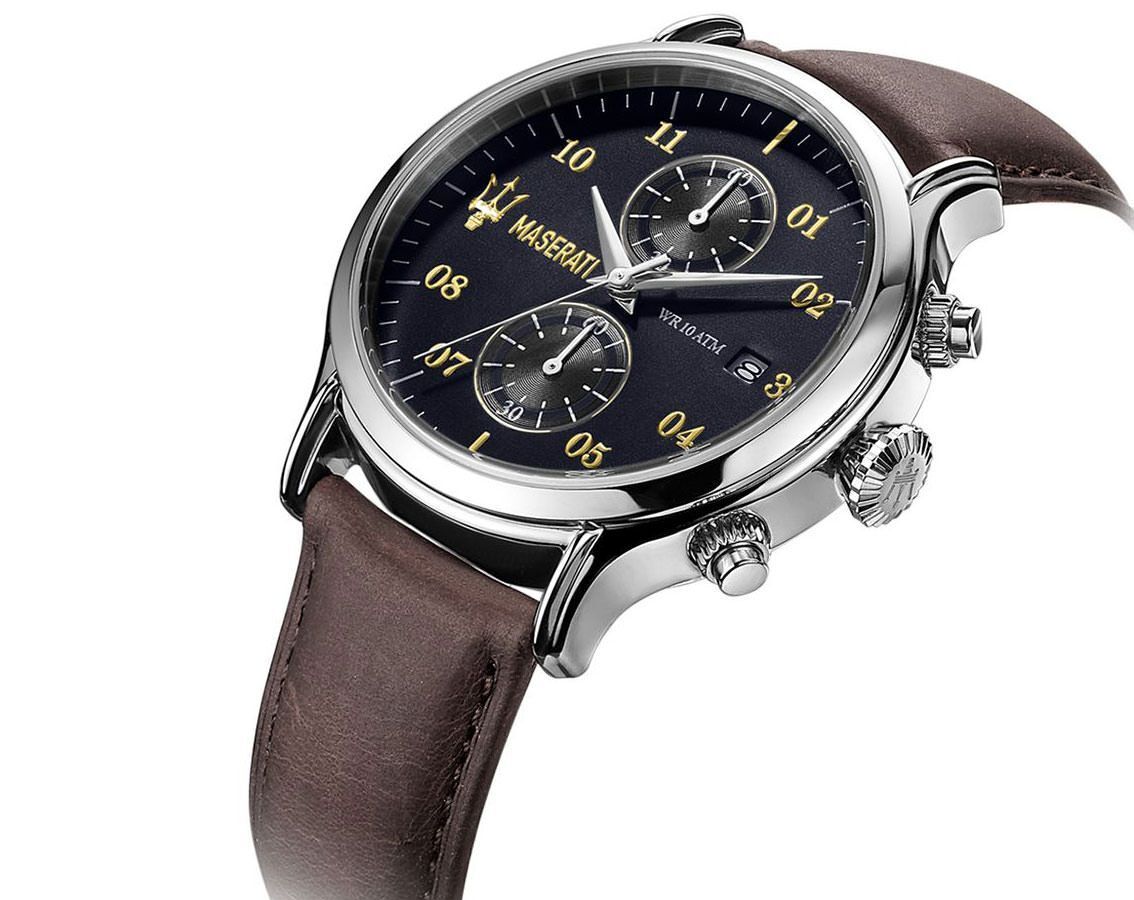 Maserati Epoca chronograph watch three-quarter view showing dial and brown leather strap