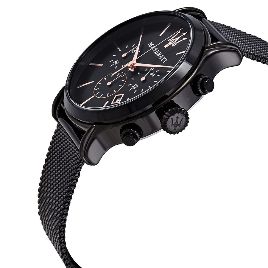 Maserati Epoca chronograph watch angled view showing black case and pushers with mesh strap