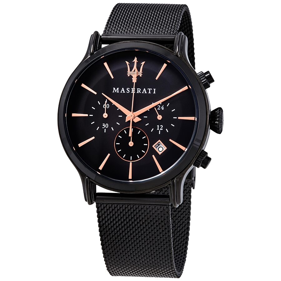 Maserati Epoca chronograph men's watch with black dial and rose gold hands on black mesh strap