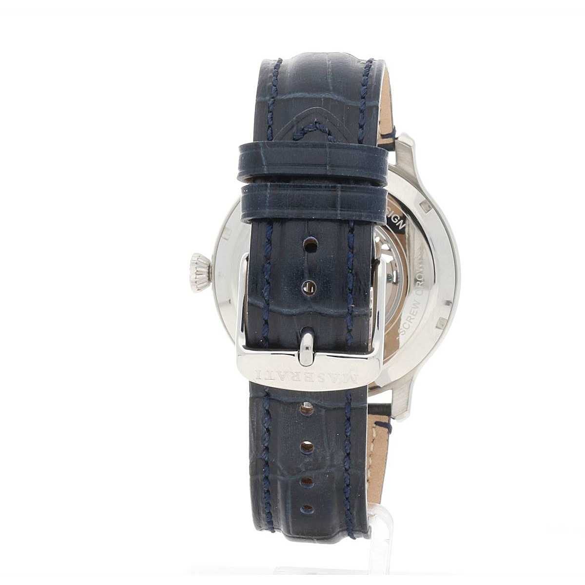 Maserati Epoca watch caseback view showing navy crocodile-pattern leather strap and tan lining