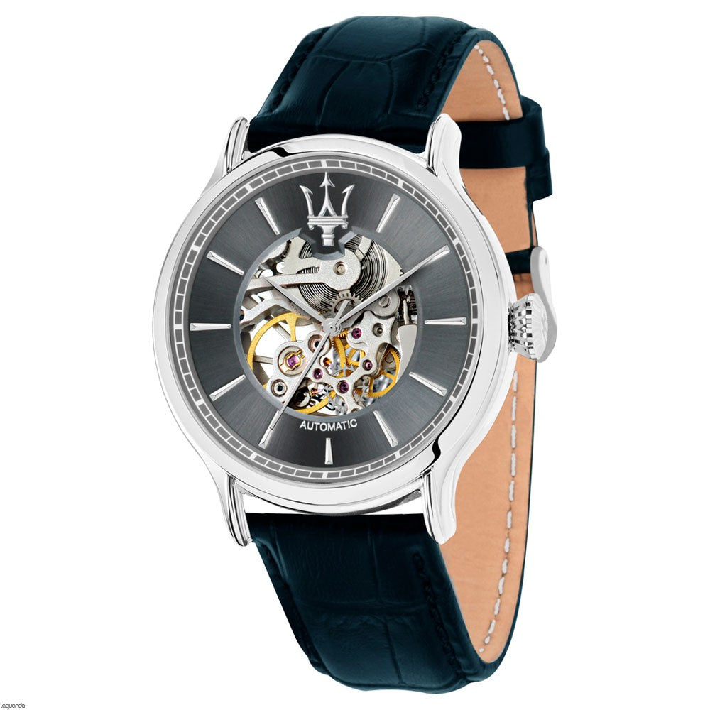 Maserati Epoca skeleton dial watch with silver case and navy leather strap, front view