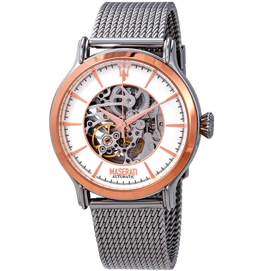 Maserati Epoca automatic watch with white open heart dial and rose gold bezel