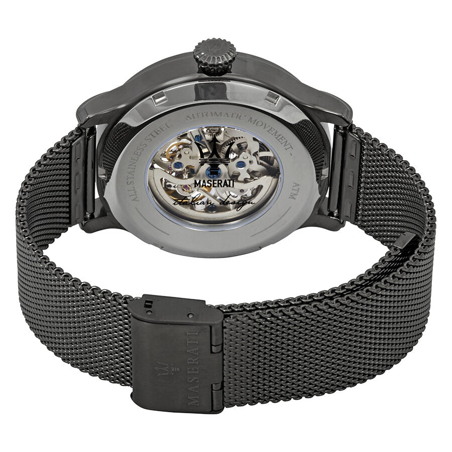 Maserati Epoca caseback showing visible automatic movement mechanism and mesh band