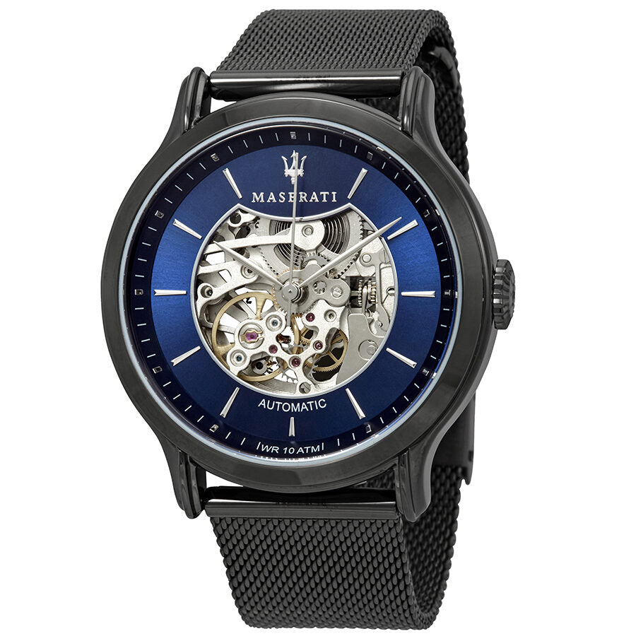 Maserati Epoca automatic skeleton dial men's watch with blue dial and black mesh strap