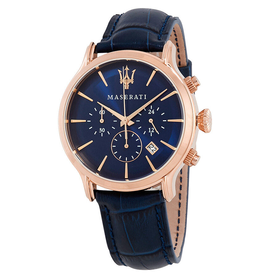 Maserati Epoca blue dial watch with rose gold case and blue leather strap