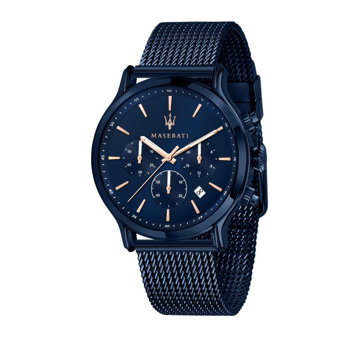Maserati Epoca chronograph watch with blue dial and mesh strap