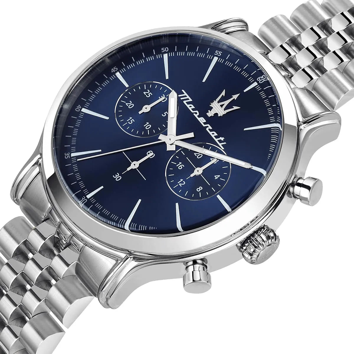 Maserati Epoca chronograph watch at angle showing blue dial with chronograph subdials