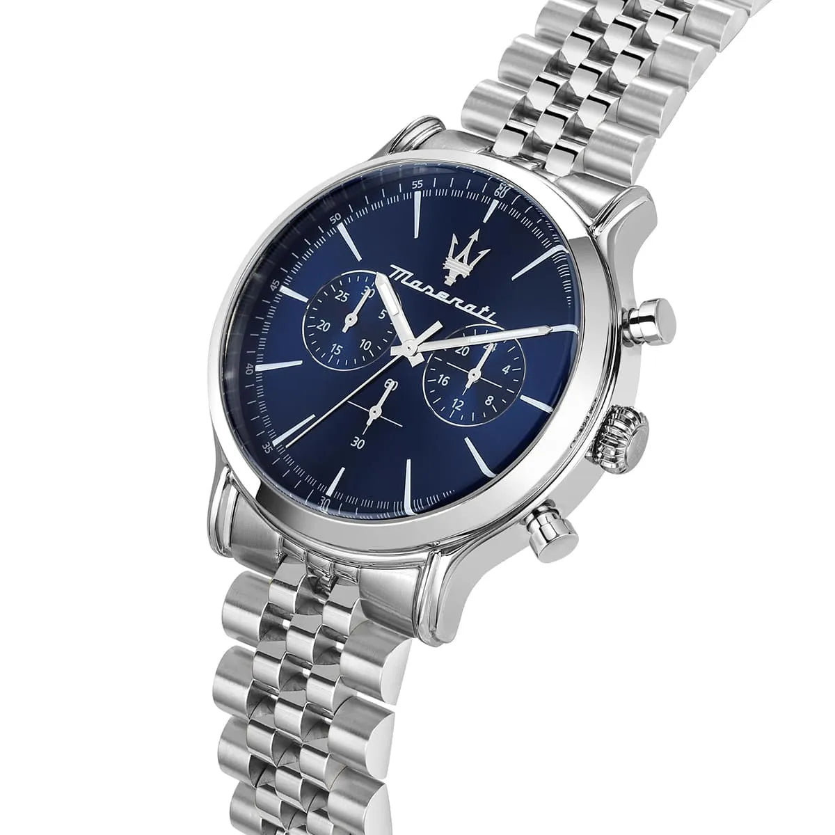 Maserati Epoca chronograph watch at angle showing blue dial and metal strap detail