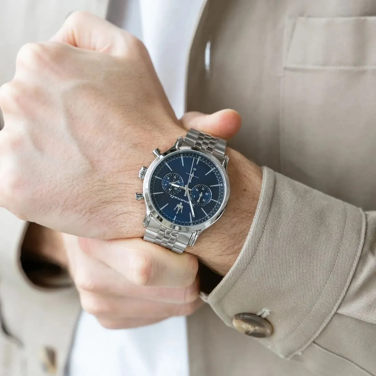 Maserati Epoca chronograph watch worn on wrist, side angle view with metal bracelet