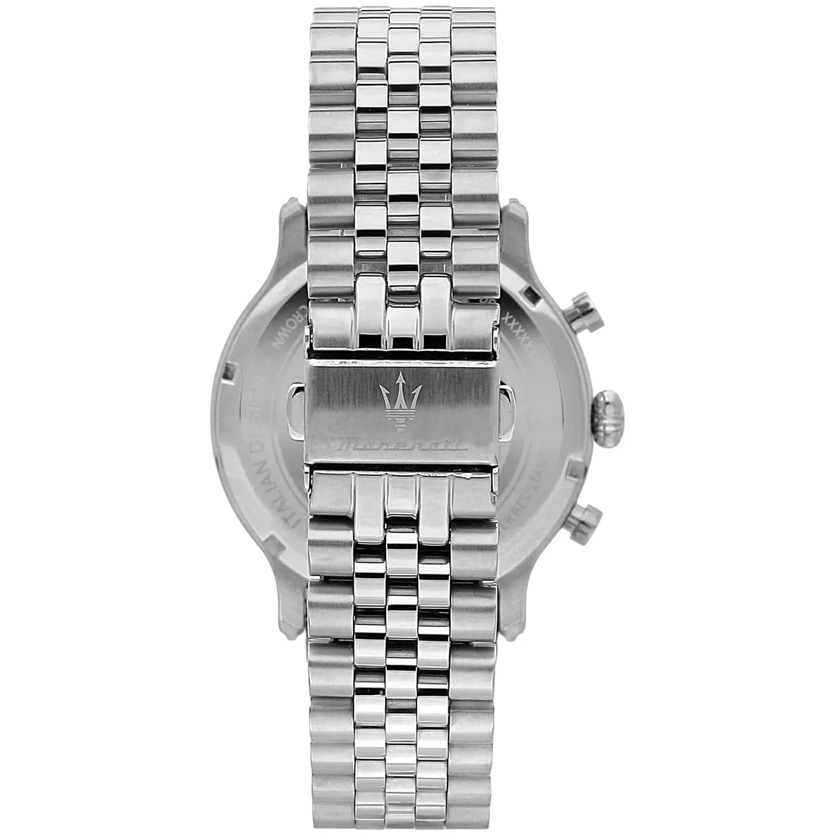 Maserati Epoca chronograph case back with Maserati trident logo and bracelet