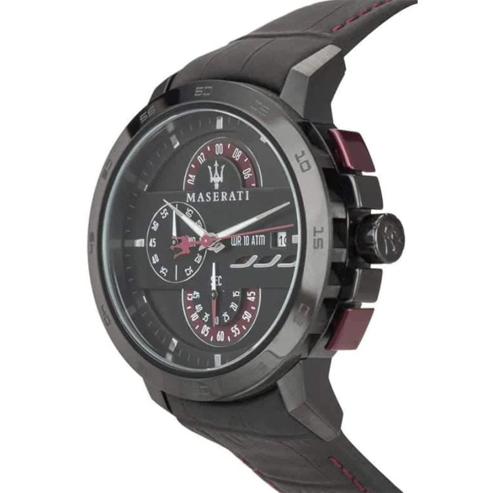 Maserati Ingegno chronograph angled side view showing stainless steel case and black leather strap