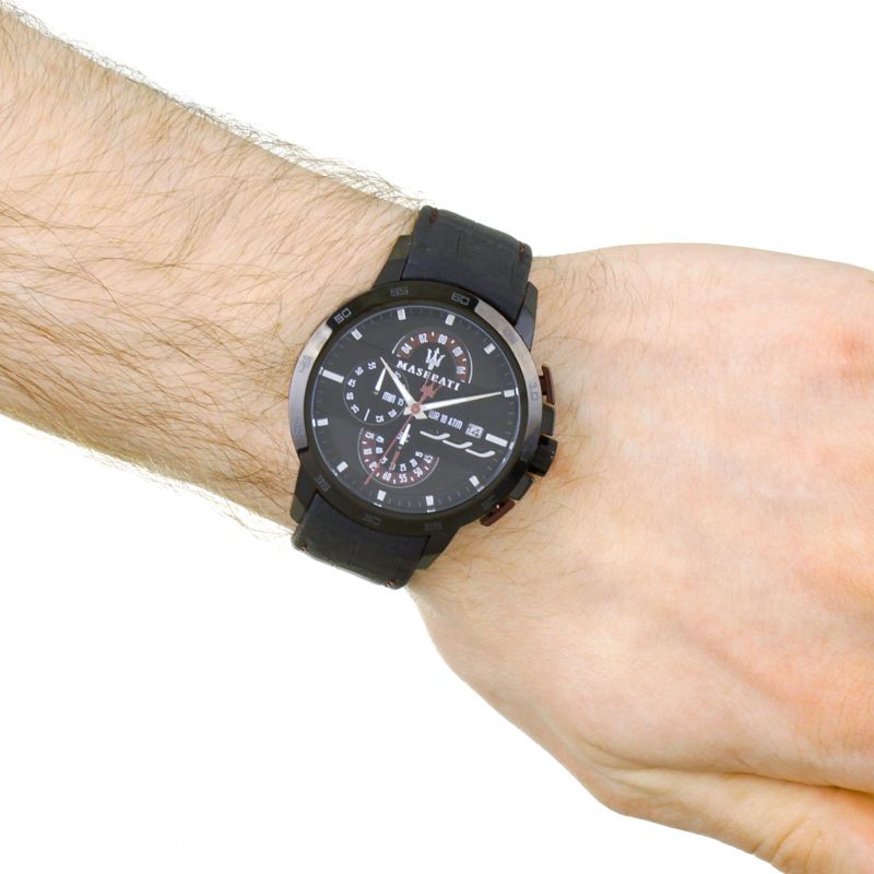 Maserati Ingegno chronograph black dial watch worn on wrist with leather strap