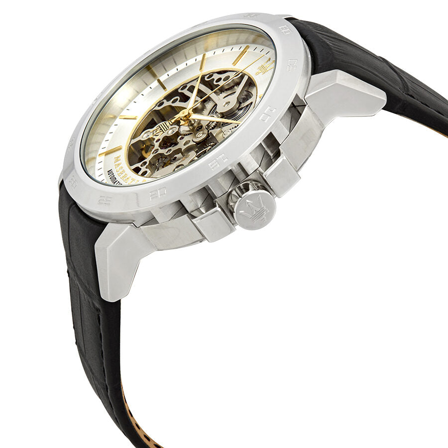 Side angle view of Maserati Ingegno watch showing stainless steel case and black leather strap