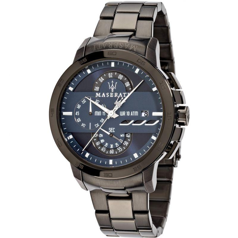 Maserati Ingegno chronograph watch with blue dial and two subdials at angle view