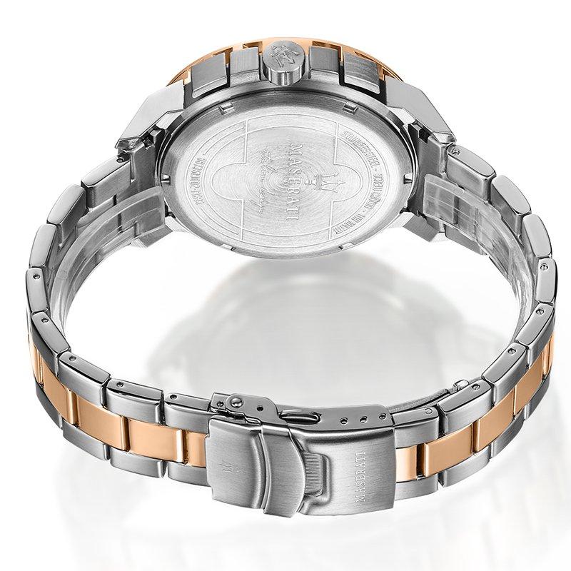 Maserati Ingegno men's watch back view displaying two-tone bracelet and fold-over clasp
