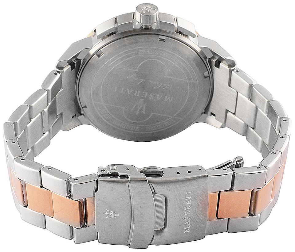 Maserati Ingegno men's watch caseback showing stainless steel case with rose gold accents