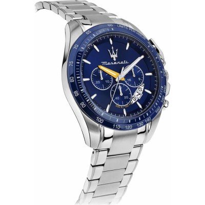 Maserati Modena chronograph watch angled view showing blue dial and silver stainless steel bracelet