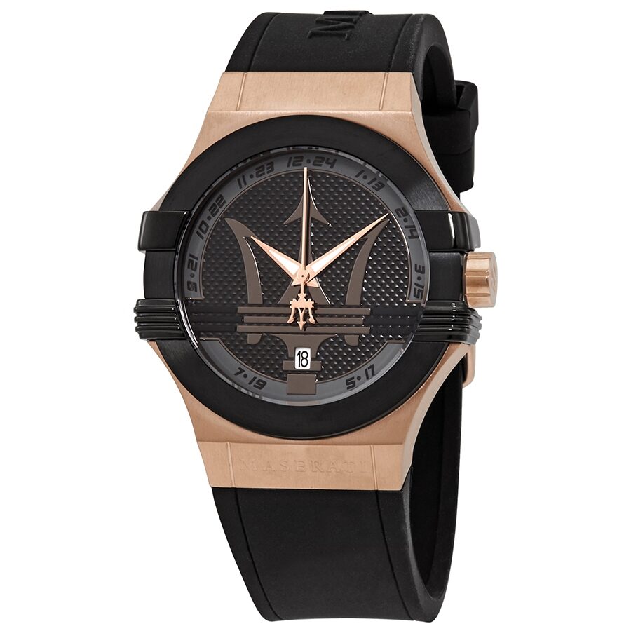 Maserati Potenza black dial watch with rose gold case and black rubber strap